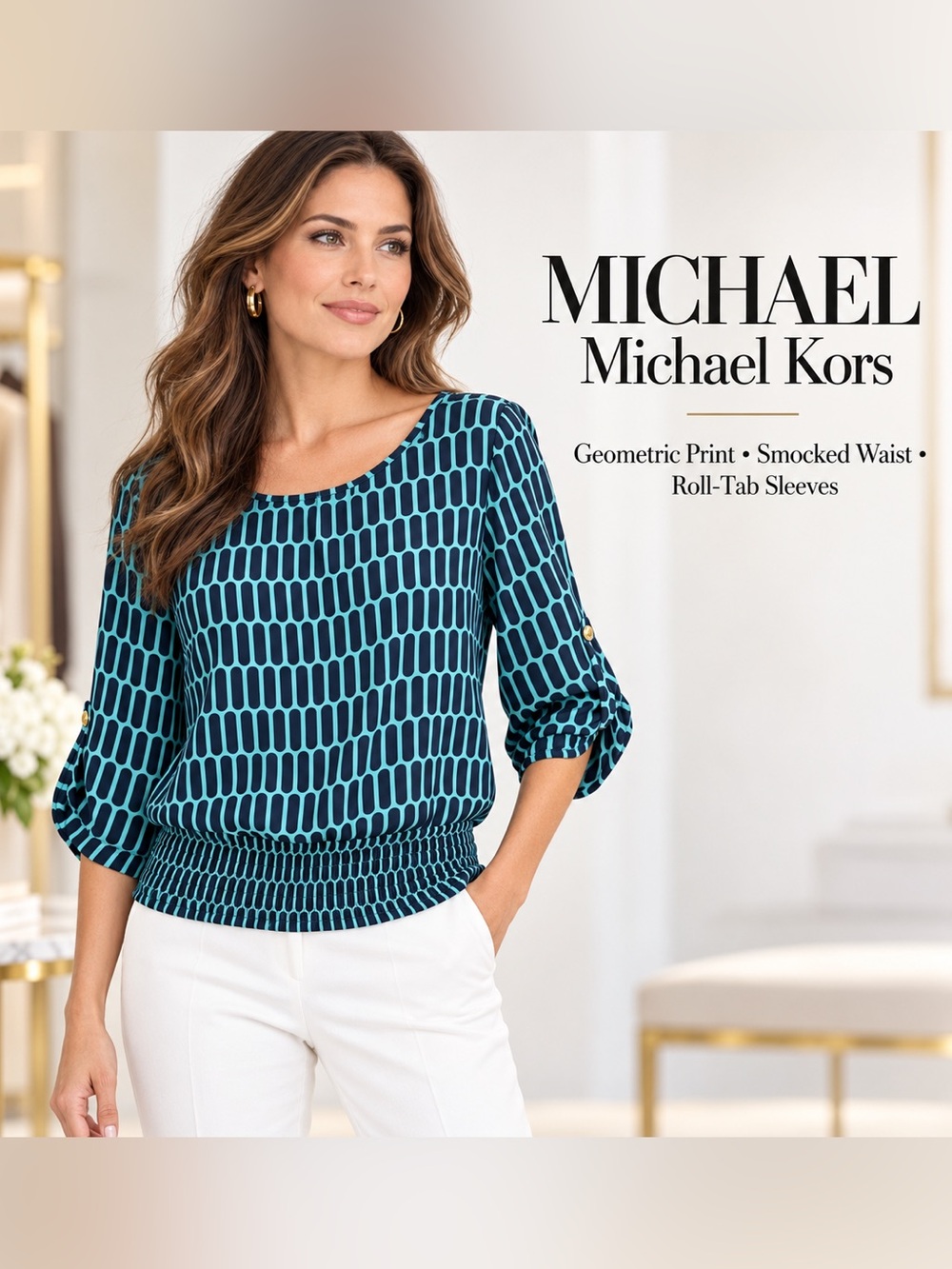 MICHAEL Michael Kors Teal Geometric Smocked-Waist Blouse
